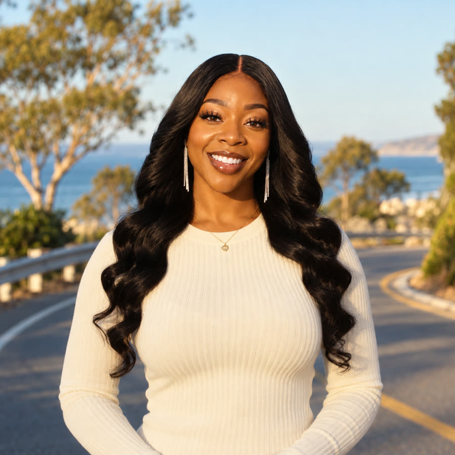 Shakori Edwards smiling in a cream sweater on a coastal road